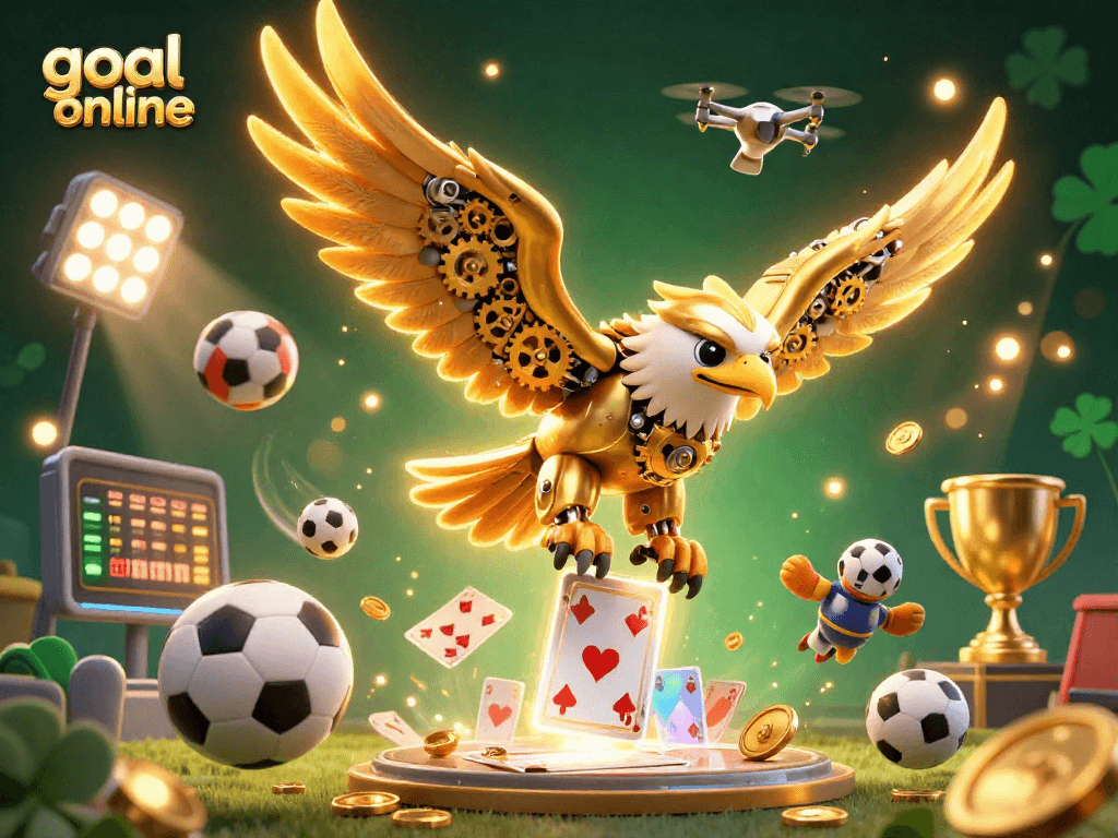 Engage in goal online with immersive gaming featuring a dynamic scene of a cybernetic eagle amidst holographic cards.