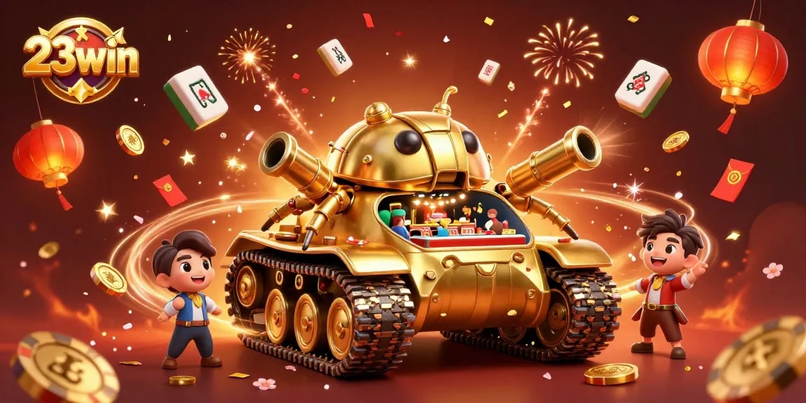 Experience the fun at 23win with a vibrant casino scene full of joy and lucky symbols.