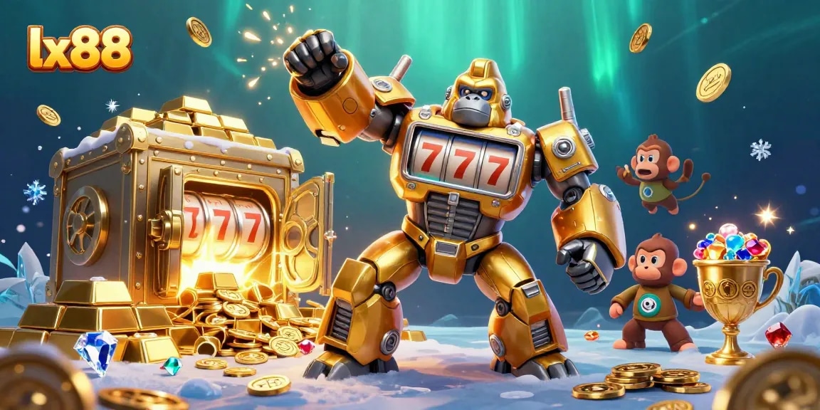 Experience exciting wins with lx88's vibrant 3D rendering of online casino action bursting with treasures and jackpots.