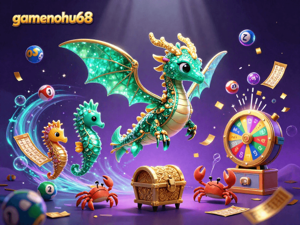 Catch the excitement of gamenohu68 with vibrant lottery elements in a dynamic underwater casino scene.