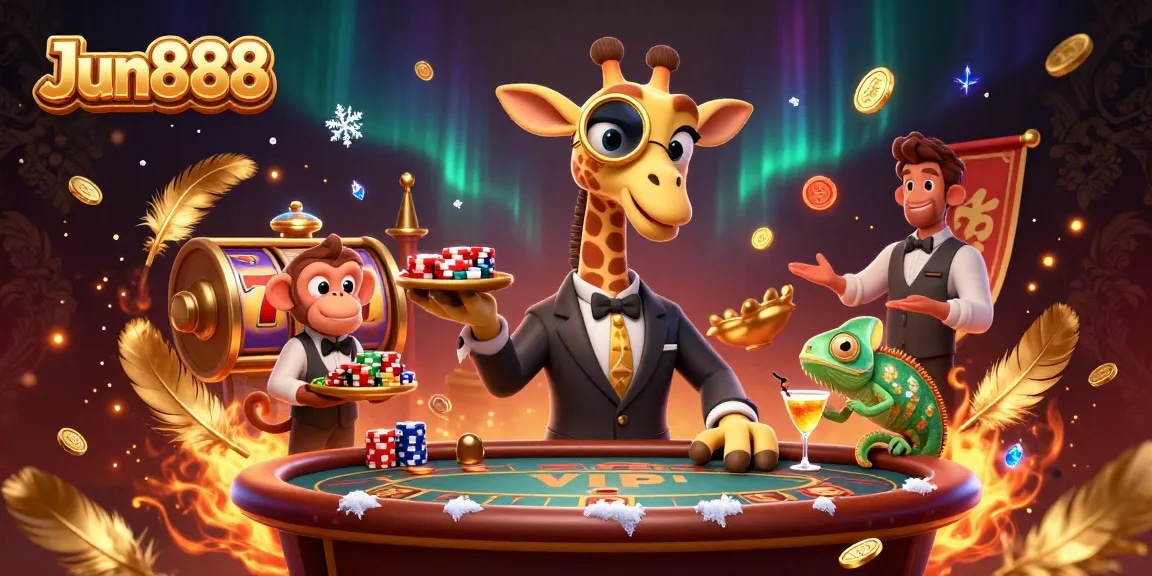 Experience thrilling gameplay at Jun888 with a high-roller giraffe, monkey valet, and chameleon bartender in action.