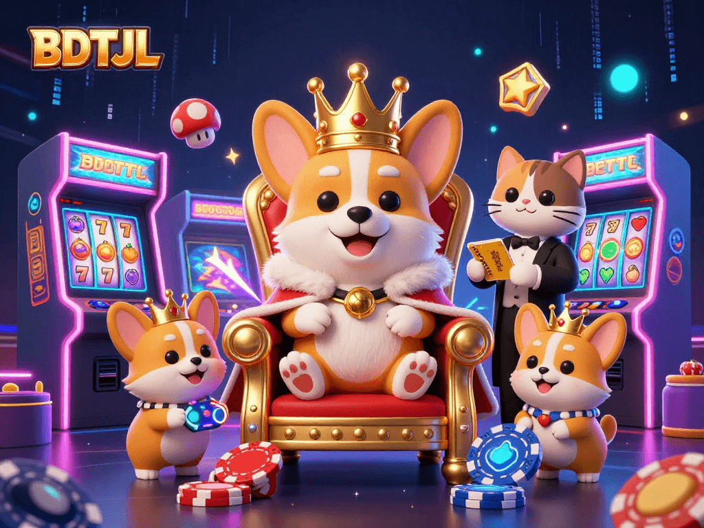 Engage with BDTJL in this vibrant casino-themed scene featuring a royal corgi and gaming elements.