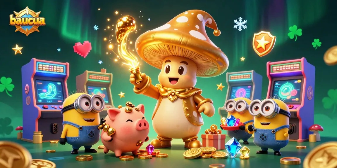 Spin and win with baucua while a wizard channels gold magic amidst vibrant casino elements.