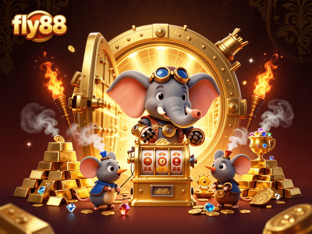 Witness the exciting fly88 slot machine action with a steampunk elephant engineer, bursting with gems and gold.