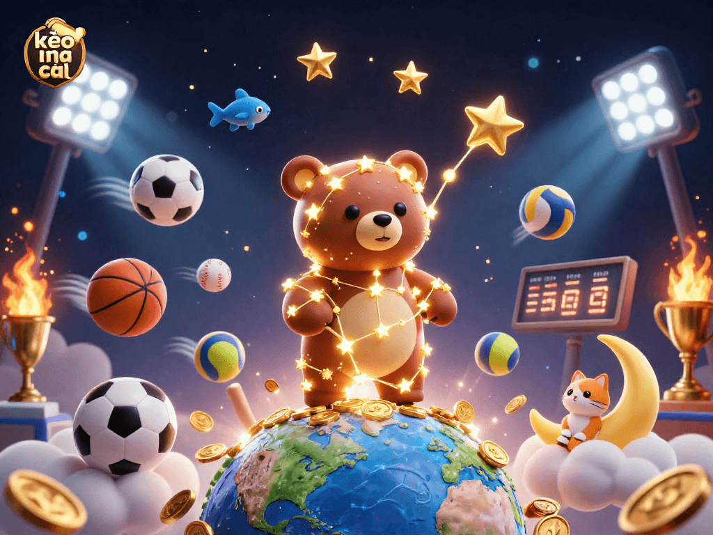 Engage with kèo nhà cái as constellation bear collects coins, surrounded by vibrant sports elements.