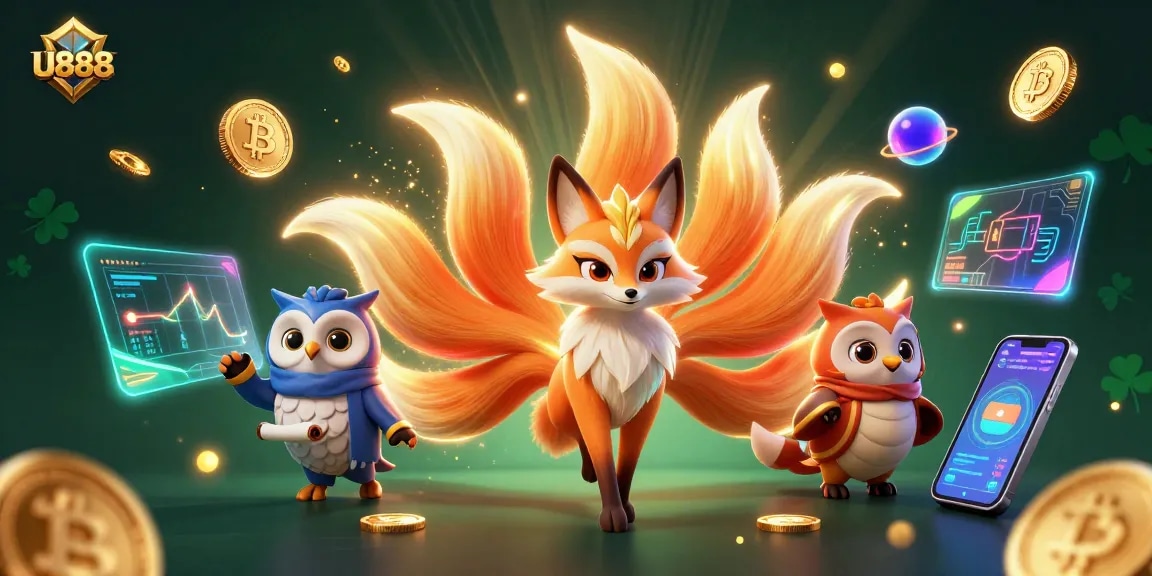 Win big with U888 in a vibrant casino adventure featuring a mystical fox and wise owl.