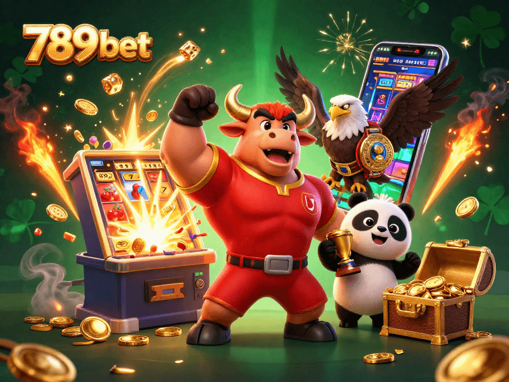 Experience the thrill of 789 bet with vibrant slot machines, dedicated mascots, and engaging casino games showcased in a dynamic scene.