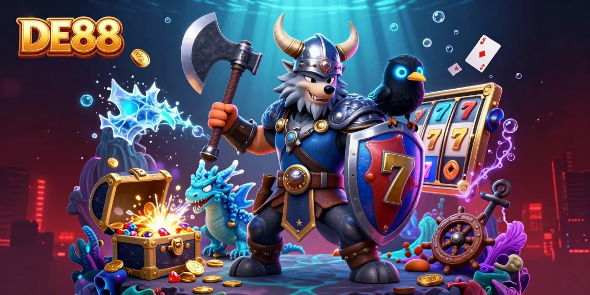 Engage with the action of DE88 as Viking warriors explore a vibrant casino treasure scene.