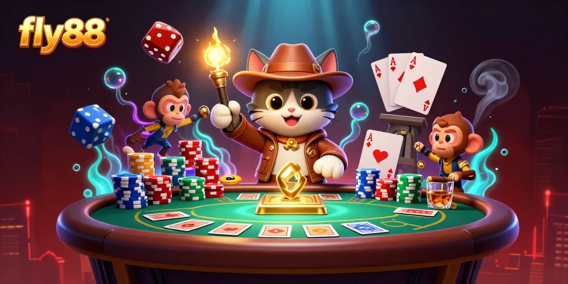 Experience thrilling bets with fly88 at a vibrant casino scene featuring an explorer and artifacts.