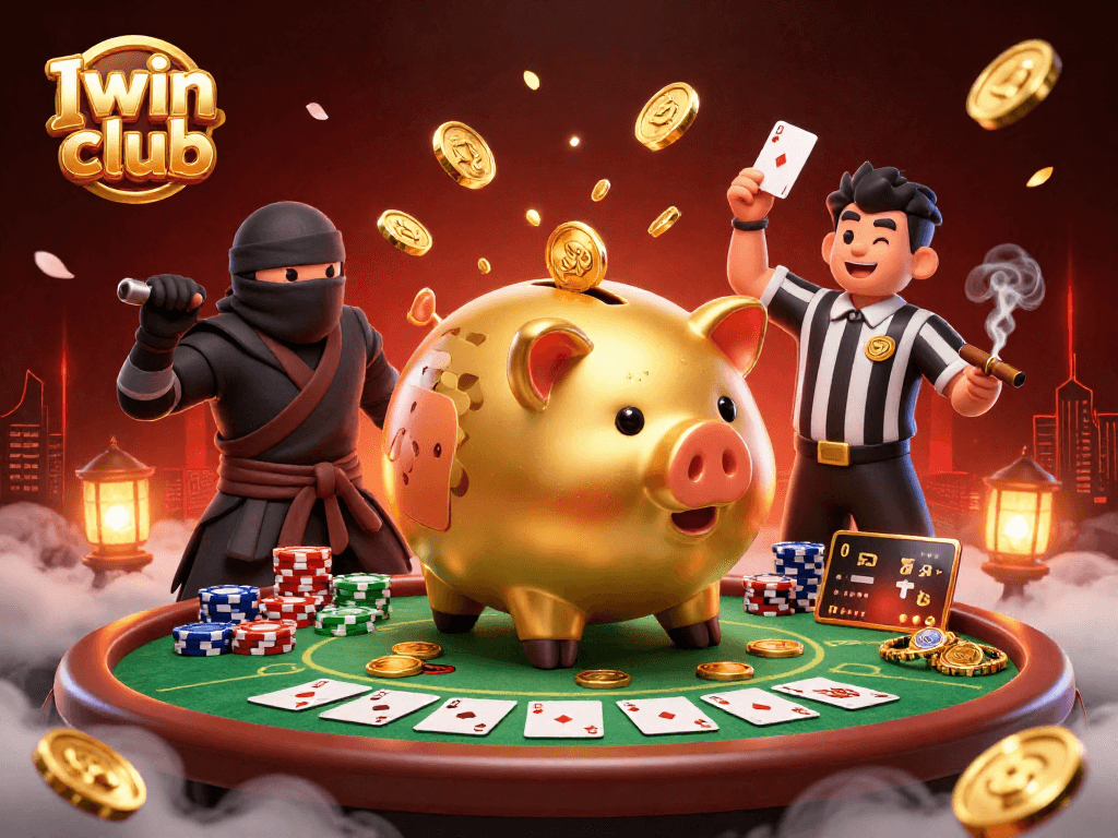 Iwin club's vibrant 3D casino illustration featuring a golden piggy bank wrestler, wallet-ninja, and credit-card samurai.