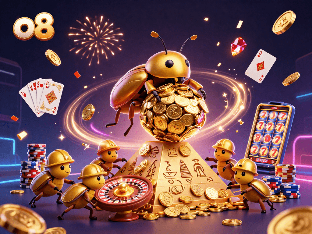 Play and win at o8 with a golden dung beetle and casino excitement in a vibrant 3D scene.