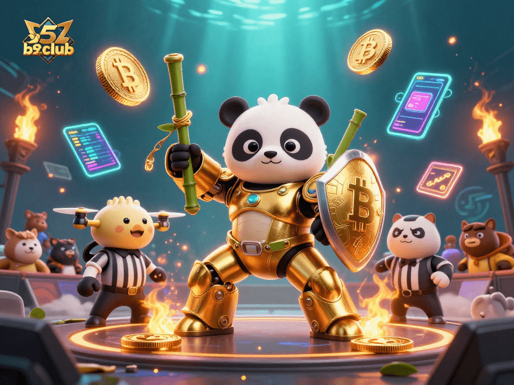Engage with the vibrant b52club 3D illustration showcasing a mech-suit panda in an electric casino scene.