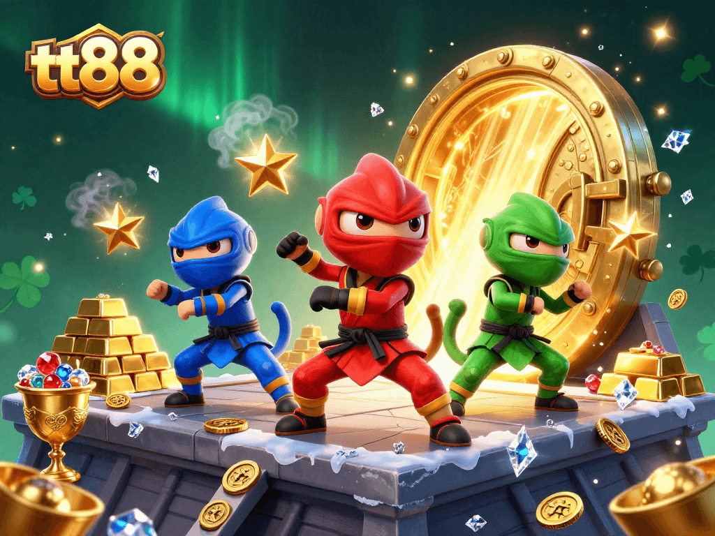 tt88 offers thrilling entertainment with ninja chameleons showcasing martial arts amidst a treasure-filled casino scene.