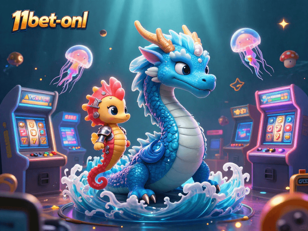Engage with 11bet-onl's dynamic casino atmosphere featuring a dragon and knight among slot machines.