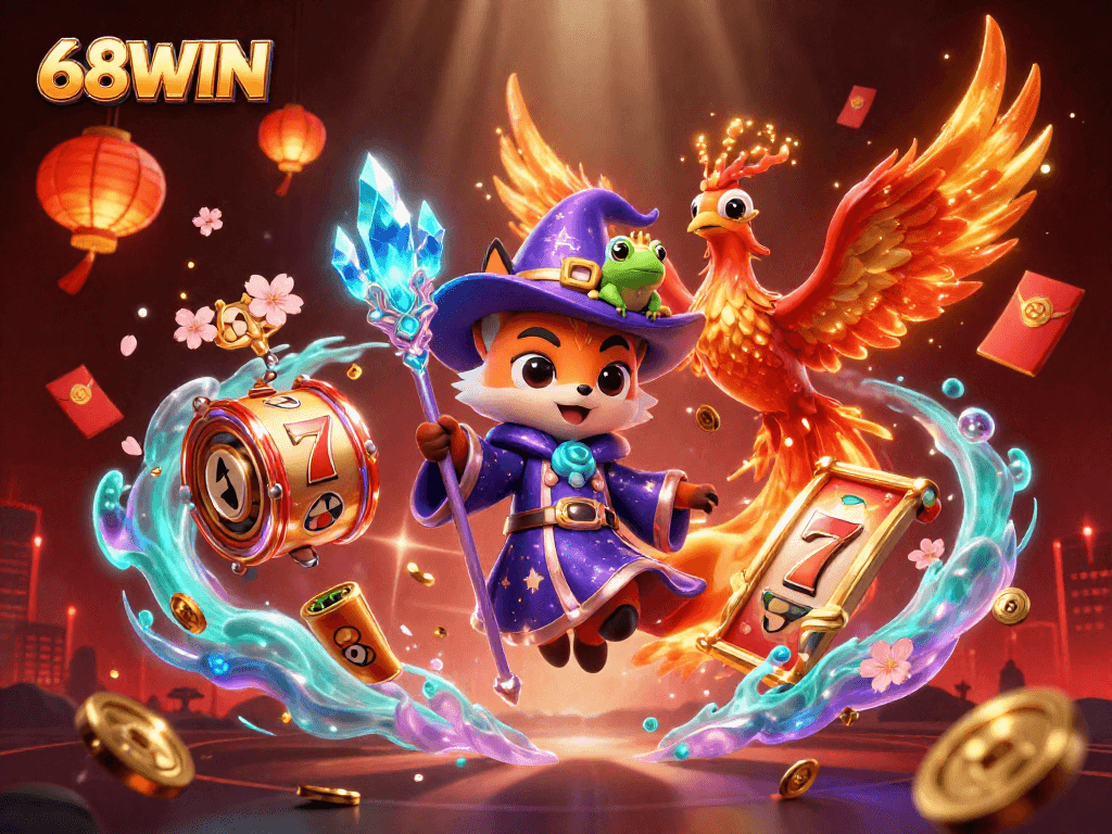 Experience the excitement with 68WIN's mystical wizard fox and phoenix amidst dynamic jackpots and vibrant casino elements.