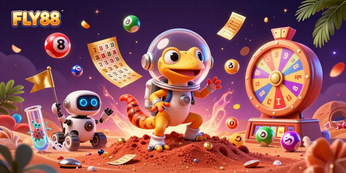 Experience the thrill of FLY88 with a vibrant casino discovery scene featuring a Martian gecko and colorful game elements.