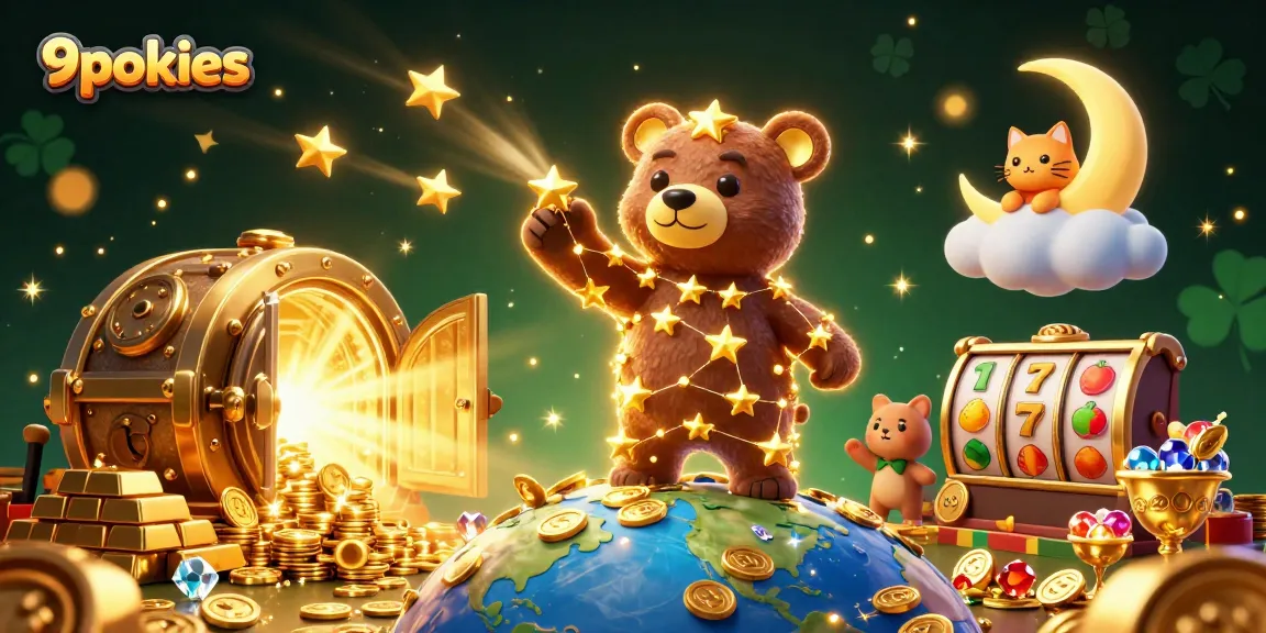 Experience thrilling wins at 9pokies with a magical casino scene featuring vibrant slot reels and shining treasures.