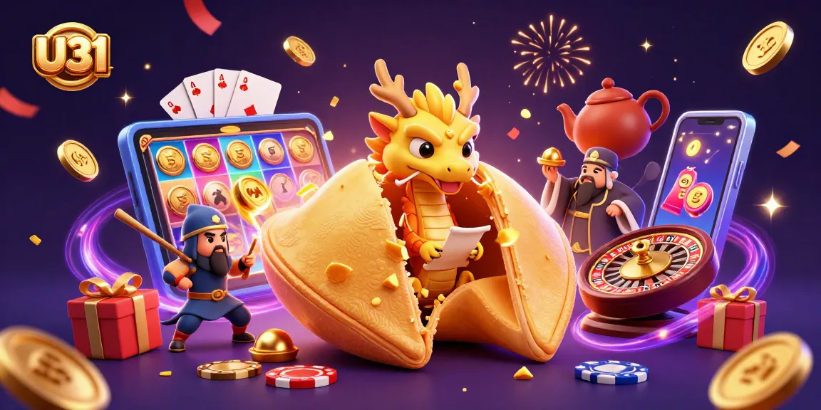 U31 engages players with a colorful slot game scene featuring a giant fortune cookie and golden coins.