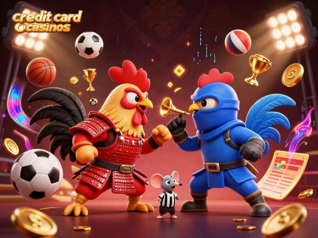 Experience the thrill of credit card casinos with dynamic 3D artwork of fighting roosters amid vibrant gaming elements.