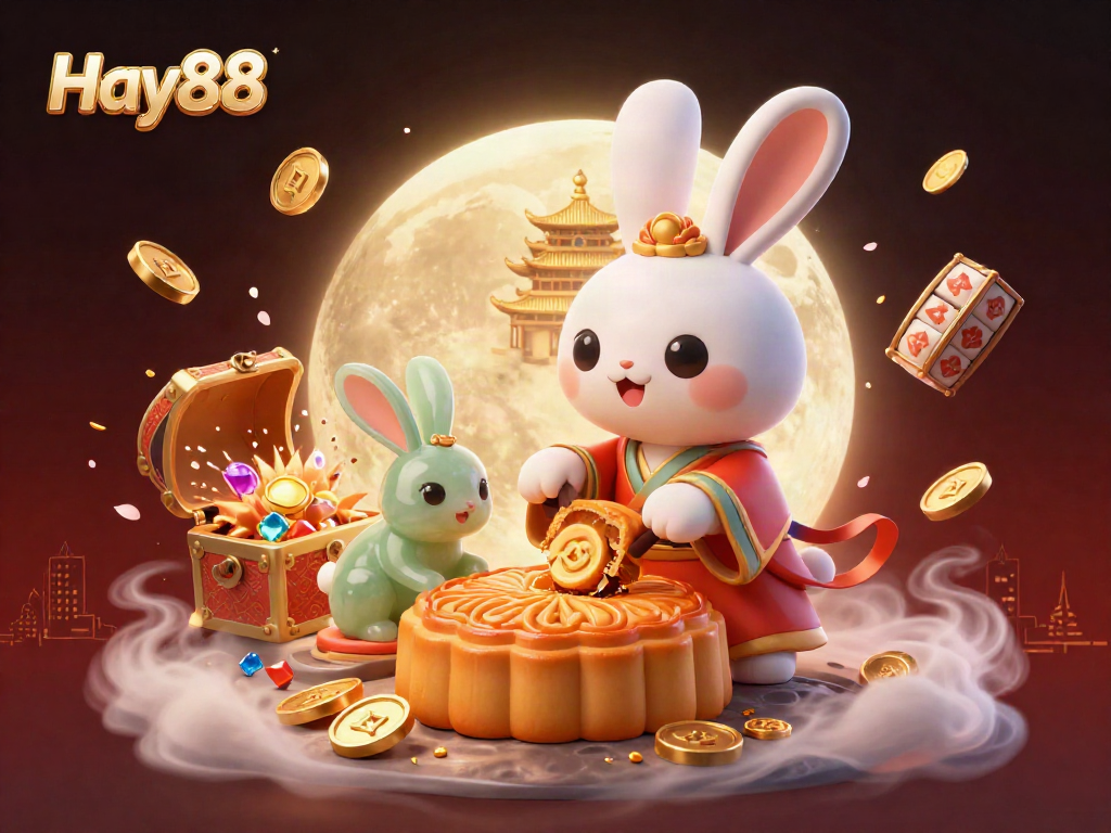 Experience thrilling gaming with Hay88, featuring a moon rabbit and dynamic slots in a vibrant casino scene.
