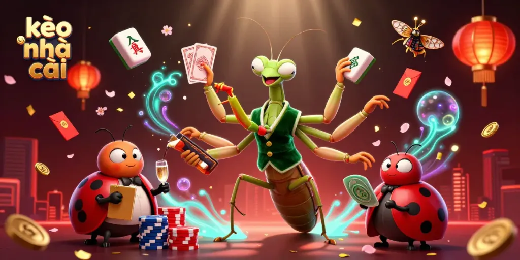 Engaging 3D illustration of kèo nhà cái with a giant praying mantis card sharp, ladybug pit boss, and festive gambling elements.