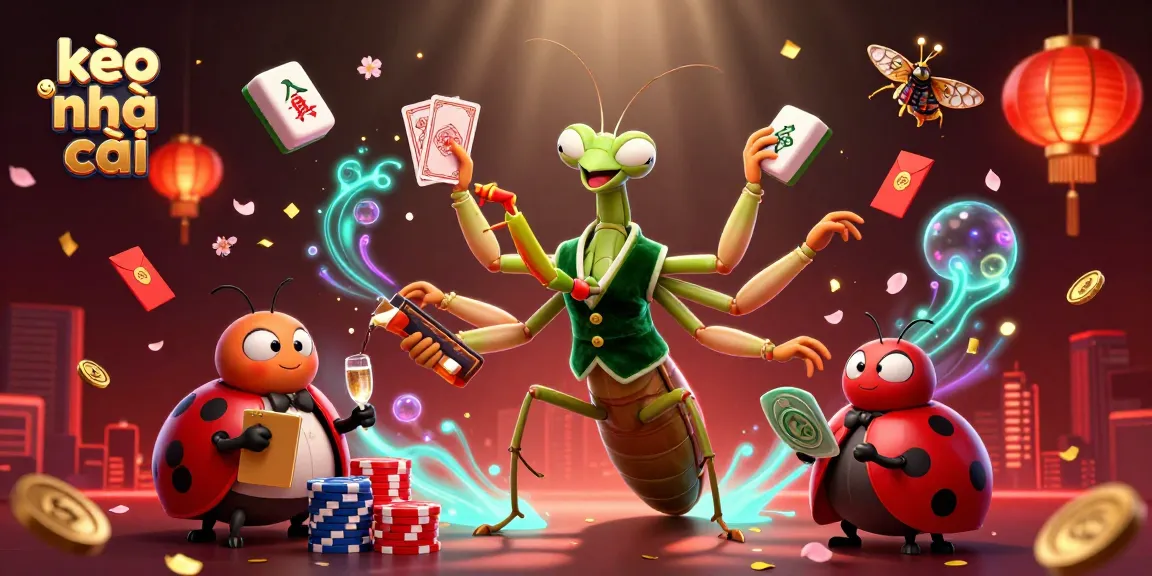 Engaging 3D illustration of kèo nhà cái with a giant praying mantis card sharp, ladybug pit boss, and festive gambling elements.