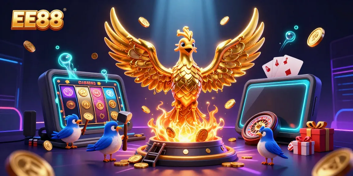Experience the exciting world of EE88 with a golden phoenix, dynamic casino elements, and colorful games.