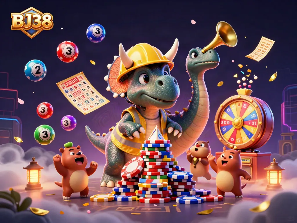 BJ38 captivates with a vibrant scene of a triceratops and friends celebrating wins in a dynamic casino setting.