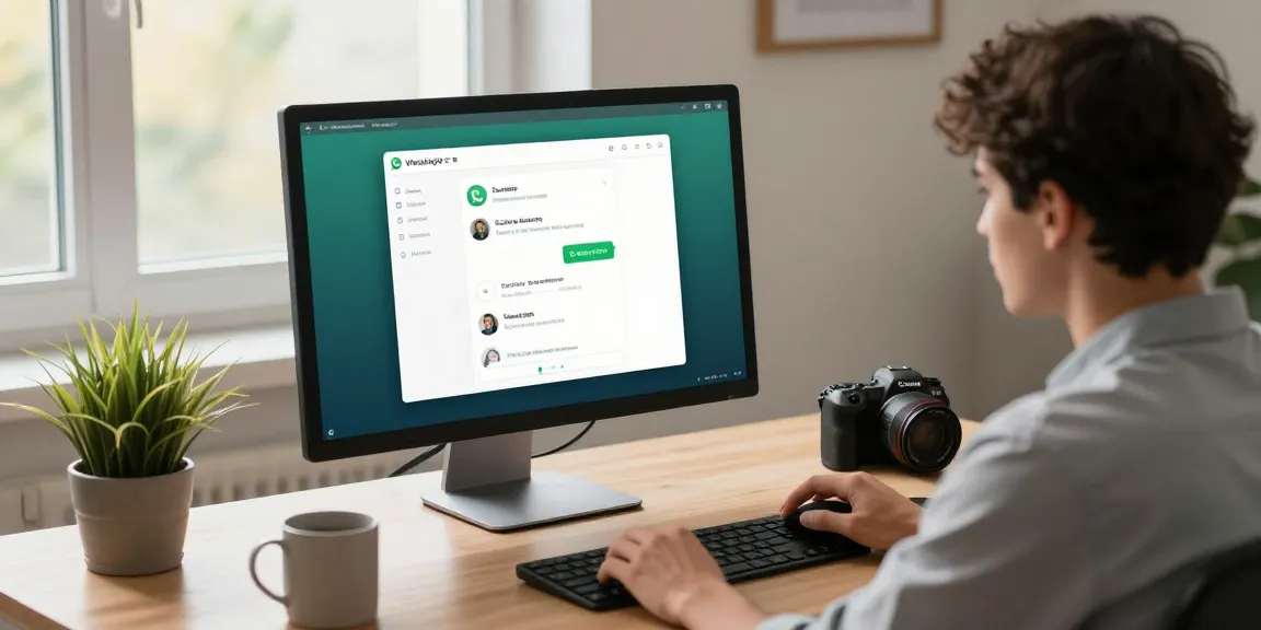 Engaging with WhatsApp電腦版 on a modern home office desk, highlighting productivity and technology.