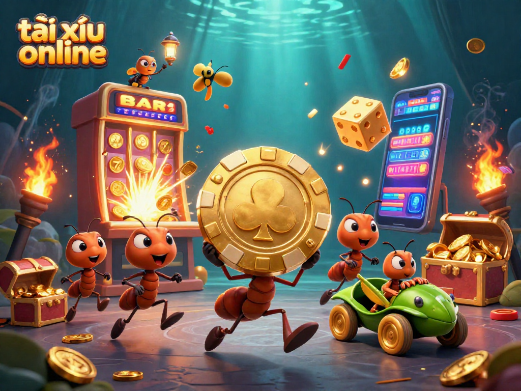 Experience the excitement of tài xỉu online with a thrilling heist scene featuring cartoon ants and golden casino elements.