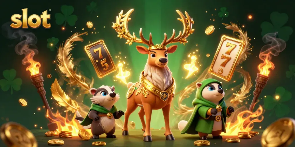 Engage with thrilling slot games depicted in an enchanting 3D scene featuring captivating characters and vibrant elements.