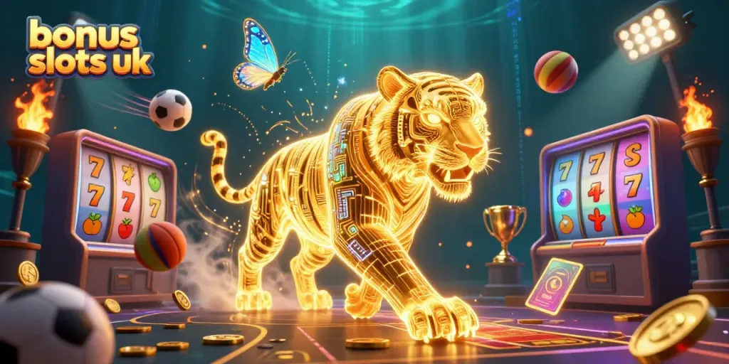Engaging scene of a golden tiger in a vibrant digital casino, highlighting bonus buy slots UK features.