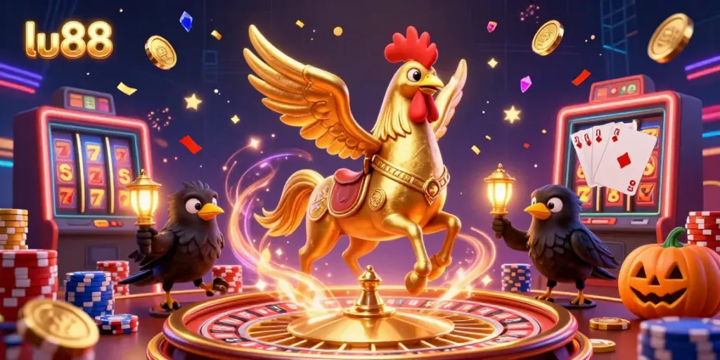 Experience excitement at lu88 with a dynamic scene showcasing a golden rooster and glowing elements in a vibrant casino.