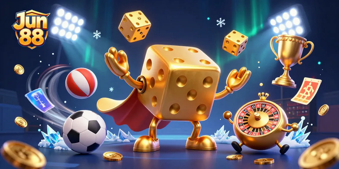 Experience thrilling gaming at Jun 88 with dynamic golden dice golem and vibrant sports elements.