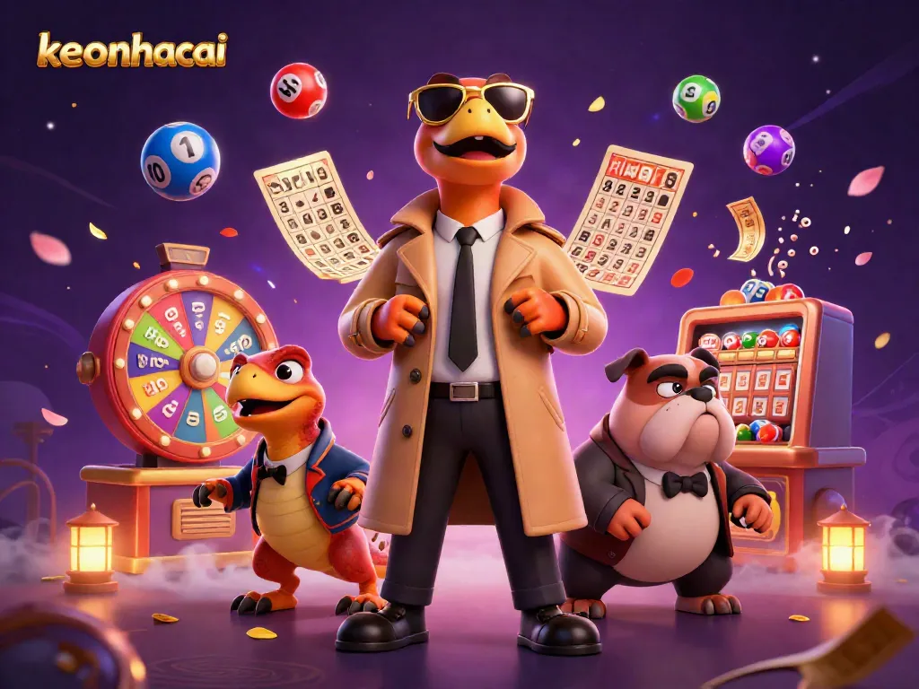 Engage in thrilling keonhacai lottery excitement with raptors in trench coat at a VIP casino lounge.