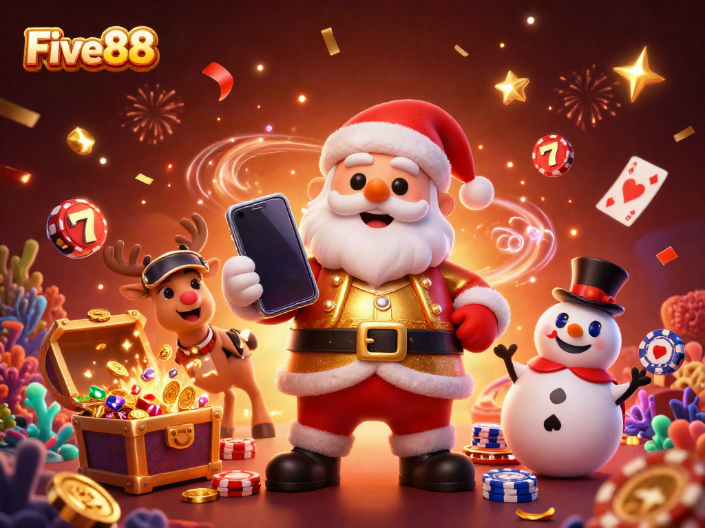 Engage with the vibrant Five88 scene featuring Santa, a reindeer, and a snowman amidst dynamic slot and casino themes.
