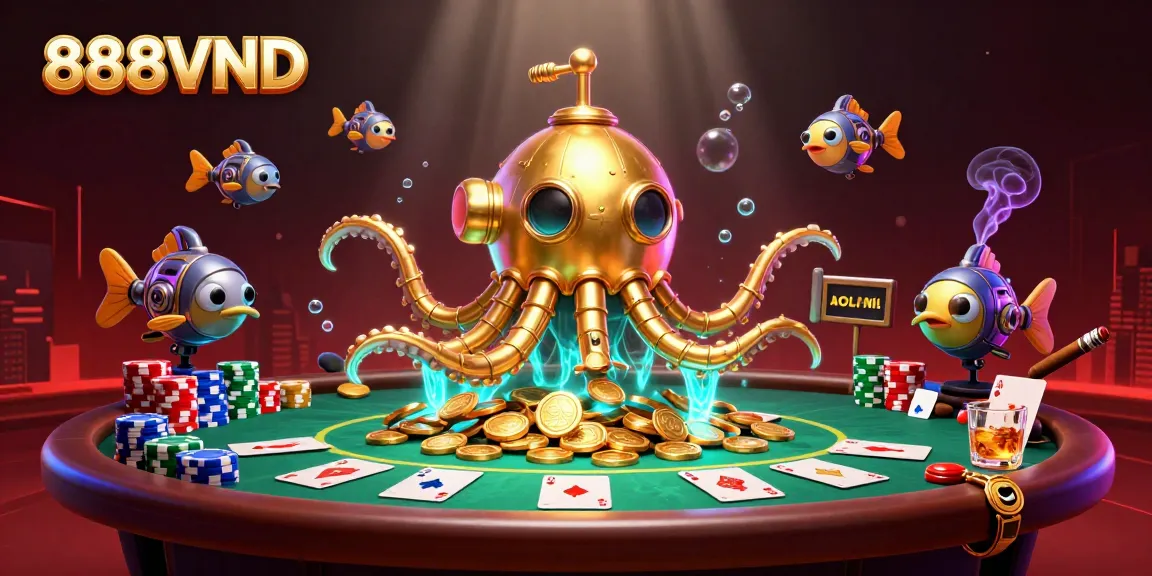 Engage in thrilling gameplay at 888VND with a dynamic 3D illustration showcasing poker elements and golden treasures.