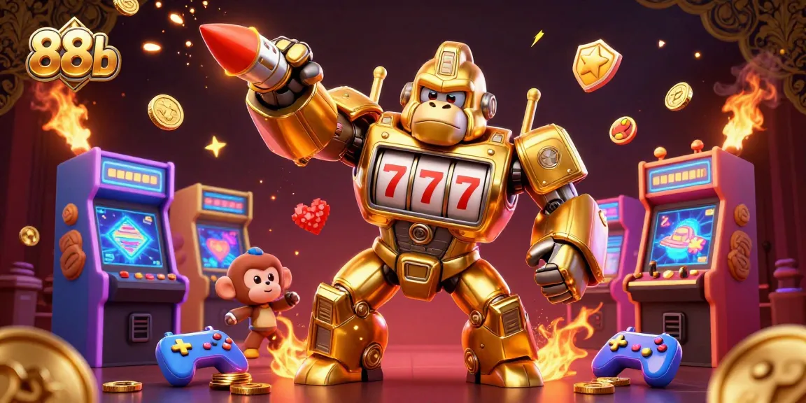 Experience thrilling slots action at 88b with a dynamic 3D golden gorilla mech and arcade games.