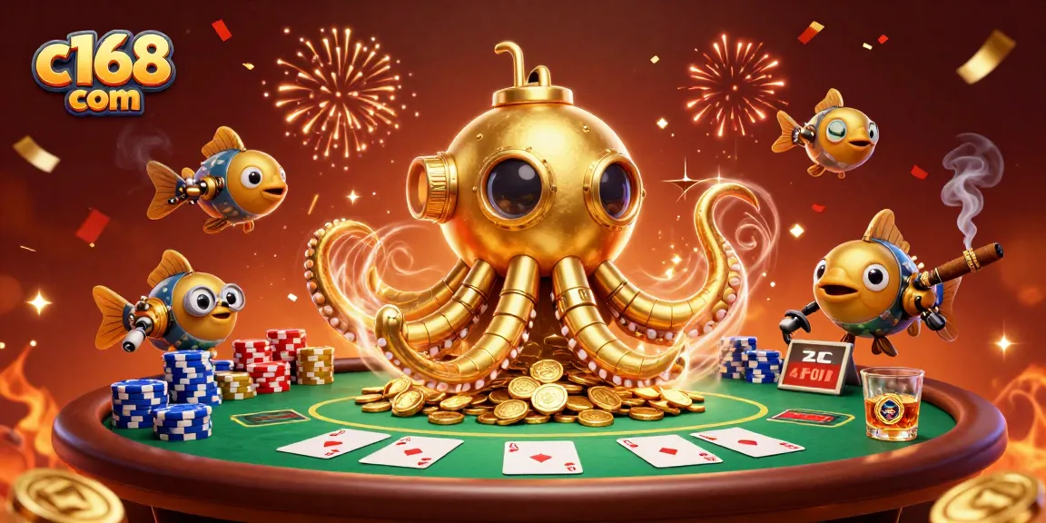 Experience thrilling gaming adventures with c168 com in this vibrant 3D casino scene featuring extravagant card play and golden treasures.