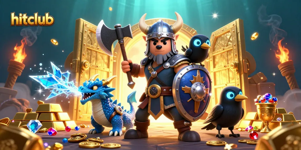 Experience the thrill of winning at hitclub with a dynamic scene featuring a Viking wolf warrior, fierce dragon, and jewels.
