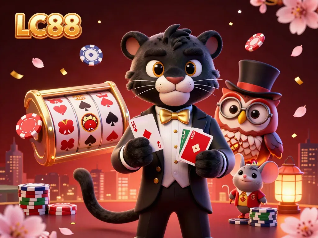 Experience the thrill of LC88 in a vibrant 3D scene with a panther dealer, owl, and mouse amidst gaming elements.