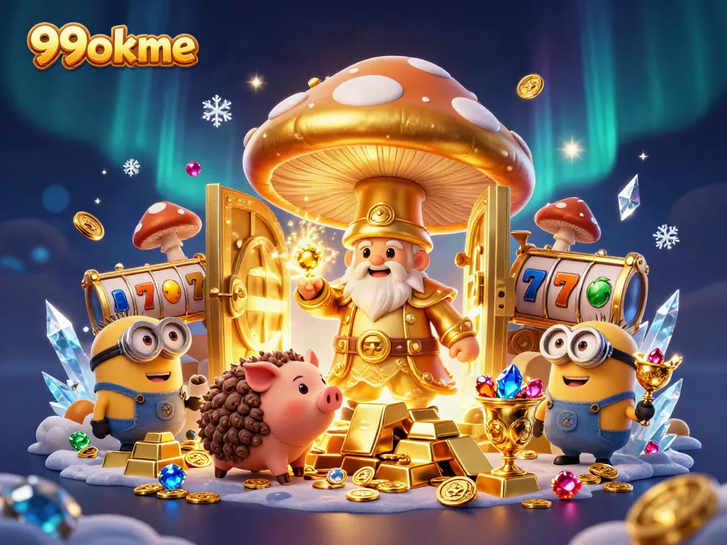 Experience the magic of winning at 99okme with a vibrant 3D casino illustration filled with gold treasures.