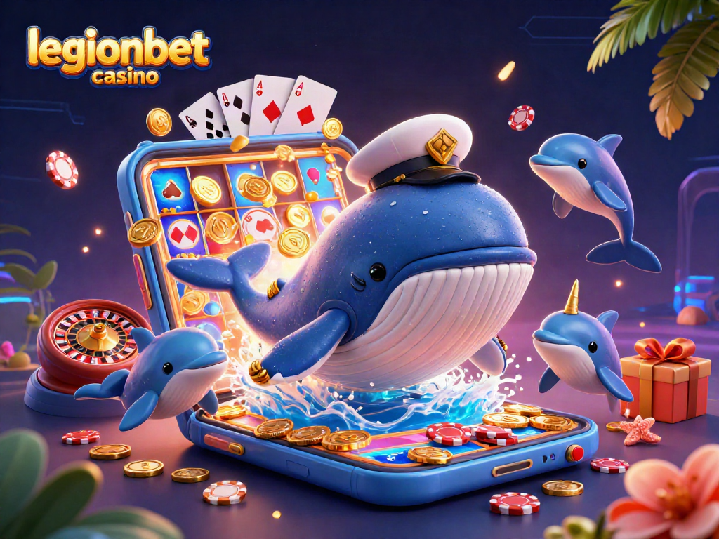 Engage with legionbet casino's vibrant 3D illustration featuring a whale, narwhal, and playful dolphins.