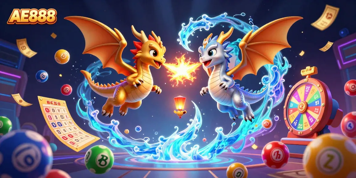 Win big with AE888 in a vibrant 3D casino scene featuring dragons and lottery elements.