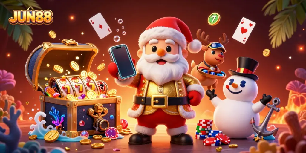 Experience the excitement of JUN88 with Santa and friends celebrating jackpots in a vibrant casino scene.