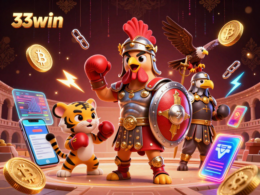 Engage with the thrilling world of 33win, featuring a gladiator rooster in a dynamic casino illustration.