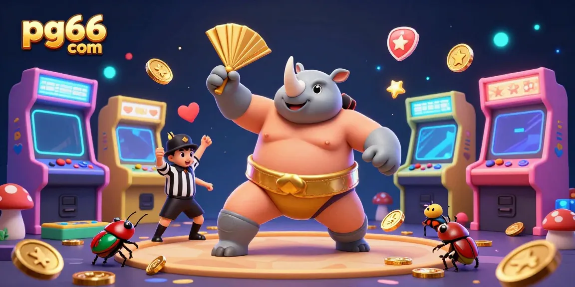 Engage with pg66 com's thrill as a sumo beetle crushes gold coins amidst arcade-inspired elements in this vibrant casino scene.