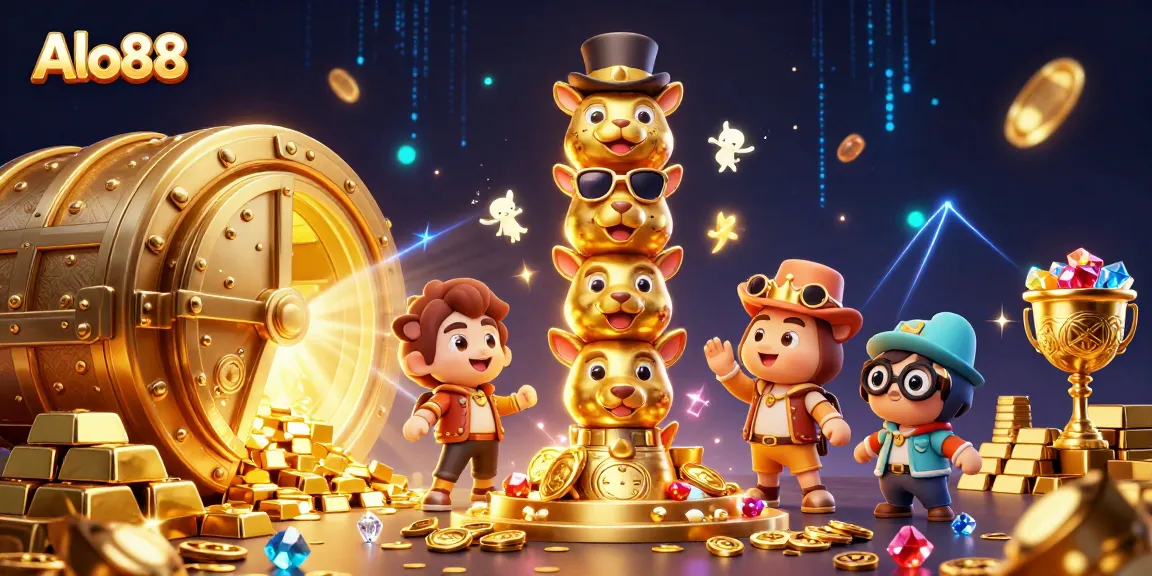 Alo88 players enjoy thrilling casino adventures with dynamic gold and gem elements in a vibrant 3D scene.