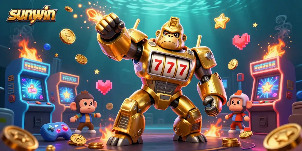 Experience the excitement of sunwin with a golden gorilla mech amidst vibrant gaming elements.