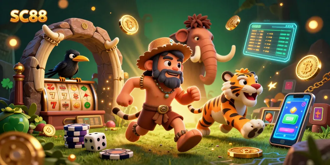 Experience the excitement of SC88 with a vibrant prehistoric casino scene featuring 3D cartoon characters and slot elements.